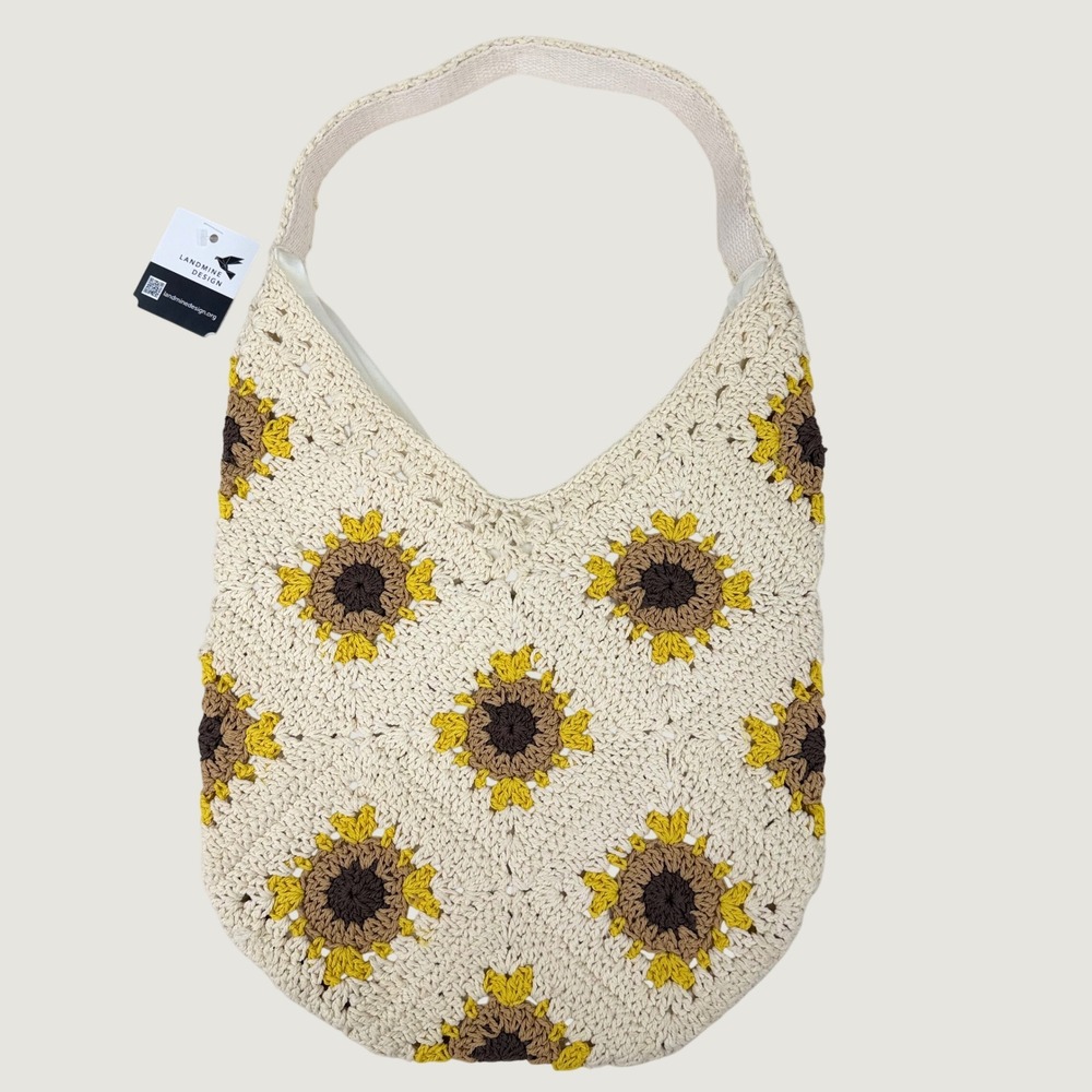 Landmine Design Crochet Sunflower Granny Square Hobo Bag Boho Tote Cream NWT